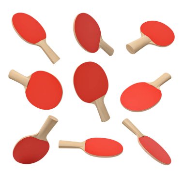 Beyaz arka plan üzerinde ahşap saplı ve kırmızı kauçuk ile ping pong raketleri seti 3d render.