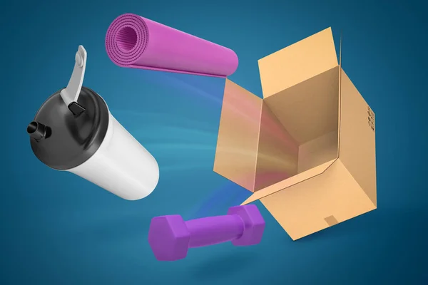 3d rendering of white plastic cup with black lid, purple yoga mat and purple dumbbell flying out of cardboard box. — Stock Photo, Image