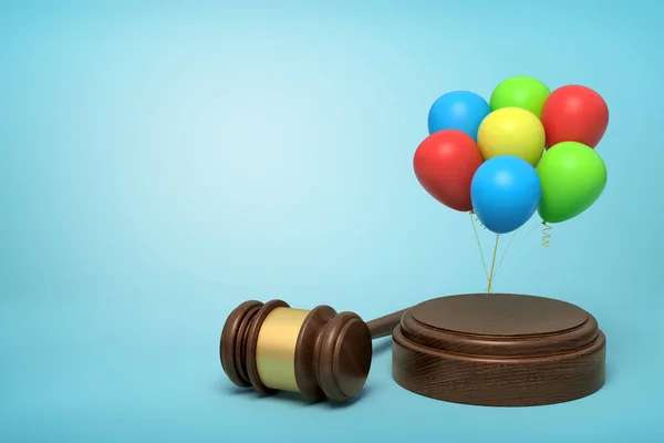 3D-s renderelés színes ballonok kerek fadobozban és barna fa marok kék háttér — Stock Fotó