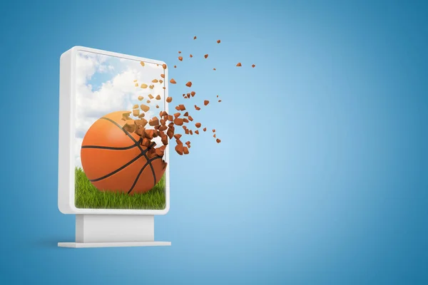 3D renderização de exibição de informações digitais mostrando basquete começando a se dissolver em partículas no fundo azul gradiente com espaço de cópia . — Fotografia de Stock