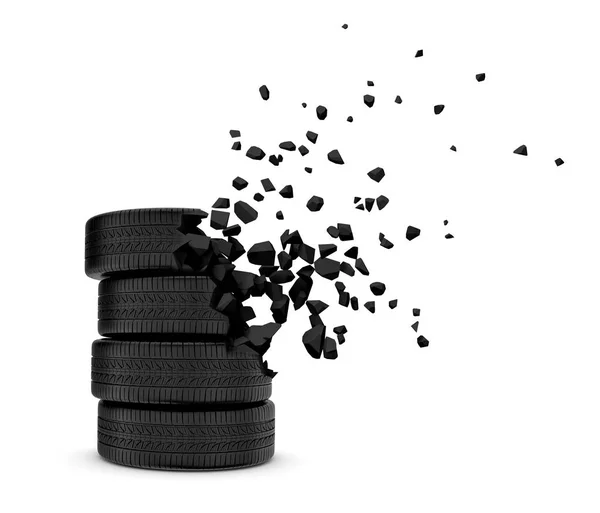 Rendering 3d ravvicinato della pila di pneumatici neri che iniziano a rompersi in pezzi e scompaiono su sfondo bianco . — Foto Stock