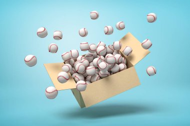 Mavi arka plan üzerinde karton kutudan patlayan beyaz beyzbol topları 3d render