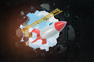 Uzay rokettaşıyan kaldırma vinç 3d render ve delik ile görülen mavi gökyüzü ile delik bırakarak duvar kırma.