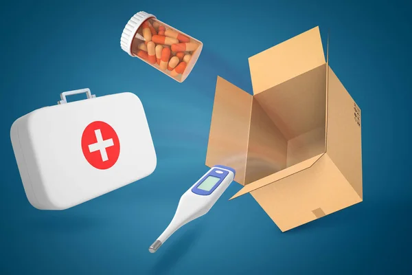 3D рендеринг корпуса врача, электрический термометр, банка, полная таблеток и пустой картонной коробки на синем фоне . — стоковое фото