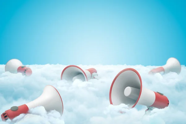 3d rendering of set of megaphones lying on thick layer of white fluffy clouds with blue sky above.
