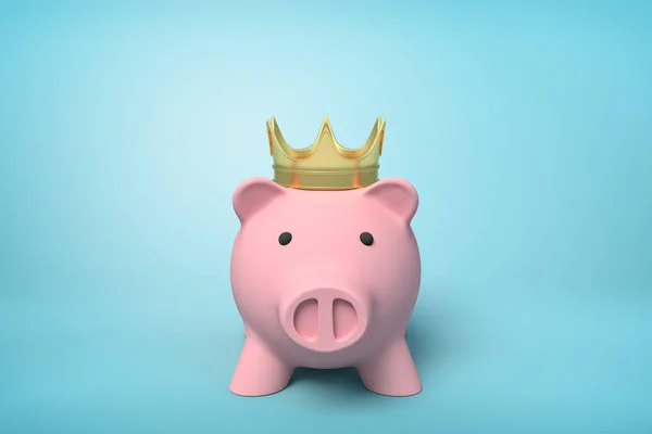 3d 前特写渲染粉红色小猪银行穿着金冠在浅蓝色背景. — 图库照片