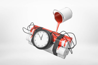 Beyaz arka plan üzerinde izole dinamit sopa saatli bomba üzerine dökülen kırmızı boya ile baş aşağı döndü küçük gümüş boya kova 3d render