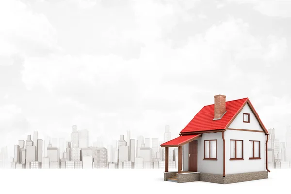 3d representación de la casa blanca con techo rojo sobre fondo rascacielos de la ciudad blanca —  Fotos de Stock