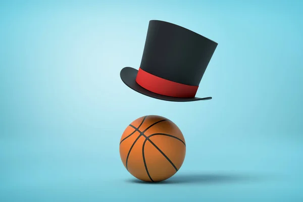 3d representación de sombrero de copa negro sobre bola de baloncesto naranja sobre fondo azul — Foto de Stock