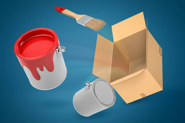 3d rendering of paint brush and red paint buckets flying out of cardboard box on blue background — Stock Photo, Image