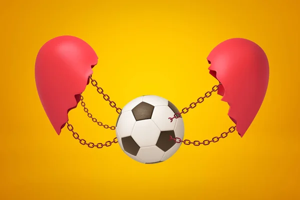 3d rendering of football ball chained between two red broken heart pieces on yellow background