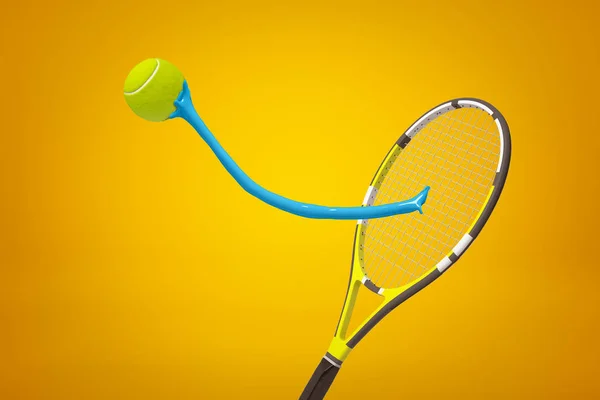 3D απόδοση της κίτρινης μπάλας του τένις κολλημένο στη ρακέτα του τένις με μπλε κολλώδης λάσπη σε κίτρινο φόντο — Φωτογραφία Αρχείου