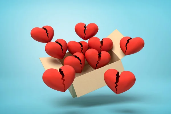 Rendu 3d de cœurs brisés rouges dans une boîte en carton sur fond bleu — Photo