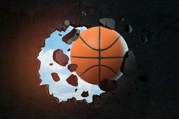 3D representación de bola de baloncesto naranja rompiendo la pared negra —  Fotos de Stock