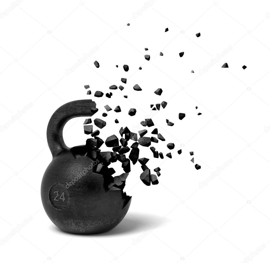 3d rendering of black kettlebell starting to disslove into pieces on white background.