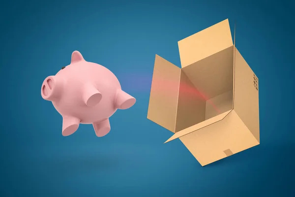 3D-rendering van roze Piggy Bank vliegen uit kartonnen doos op blauwe achtergrond — Stockfoto