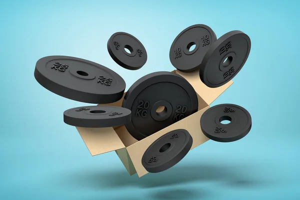 3d rendering of cardboard box in air full of black weight plates which are flying out and floating outside on blue background. — Stock Photo, Image