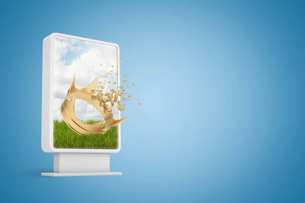 3D-Rendering einer vertikalen Werbetafel mit goldener Krone, die auf blauem Hintergrund in Stücke zerbricht — Stockfoto