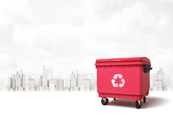 3d rendering of red trash bin on white city skyscrapers background