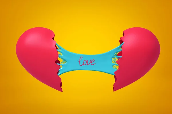 Rendering 3d di due metà del cuore spezzato uniti a banner blu appiccicoso melma con amore titolo su di esso su sfondo giallo . — Foto Stock