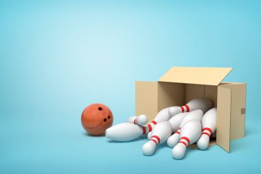 Beyaz bowling pimleri ve açık mavi arka plan üzerinde yanında bir kahverengi bowling topu dolu yan yatan karton kutu 3d render.