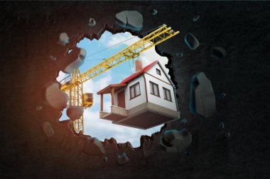 Beyaz saray ile inşaat vinç 3d render siyah duvarboşluğundan görülen