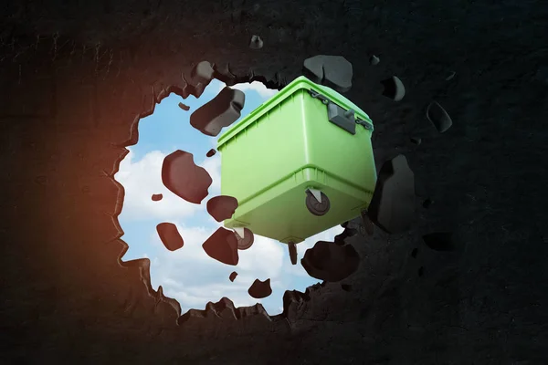 黒い壁を壊す緑のゴミ箱の3Dレンダリング — ストック写真