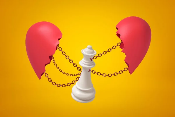 3d renderização de branco xadrez rainha acorrentado entre dois pedaços de coração vermelho quebrado no fundo amarelo — Fotografia de Stock