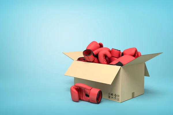 3d rendering of cardboard box full of red boxing gloves on blue background.