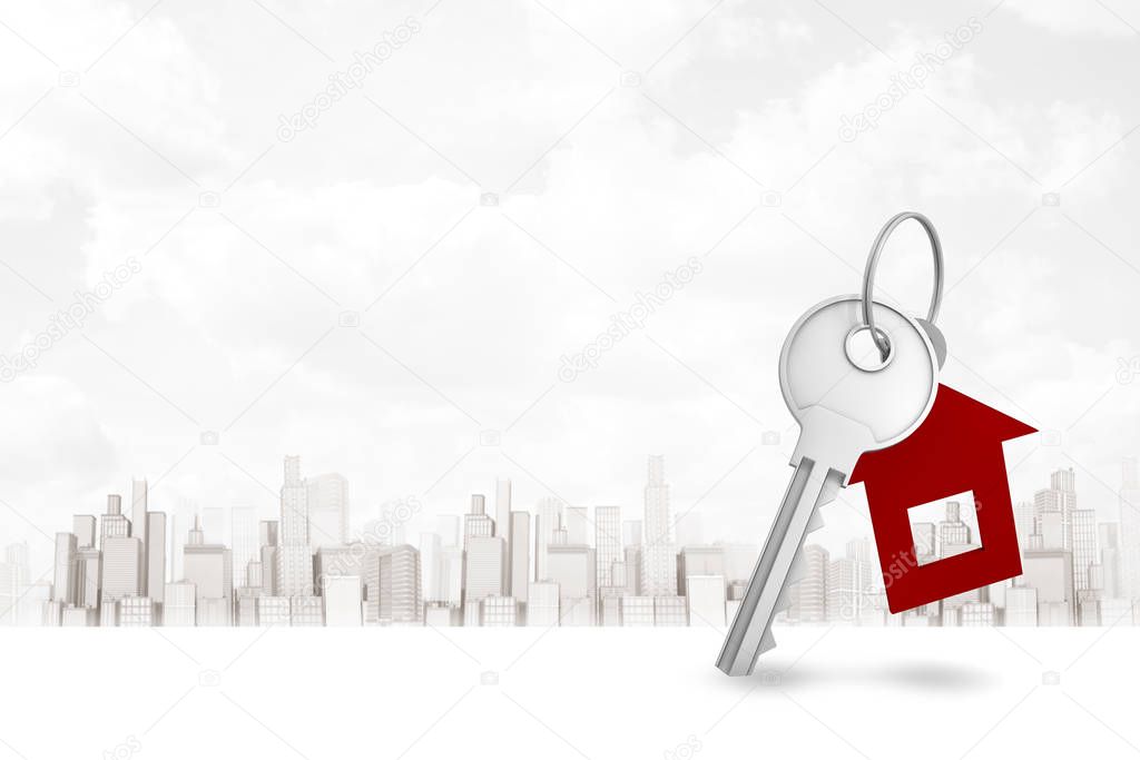 3d rendering of silver key and a house shape key fob on white city background