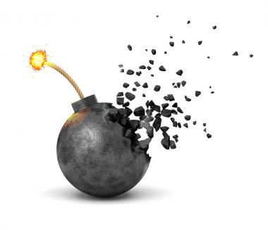 Beyaz arka plan üzerinde parçacıklar halinde erimeye başlayan ışıklı sigorta ile siyah metal yuvarlak bomba 3d yakın çekim render.