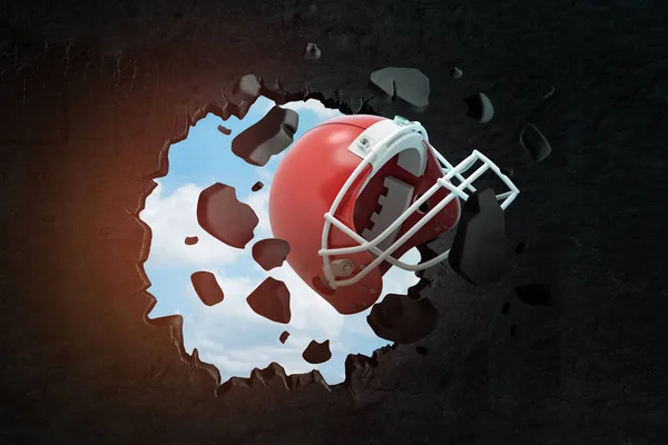 3d візуалізація червоного американського футбольного шолома, що ламає чорну стіну — стокове фото