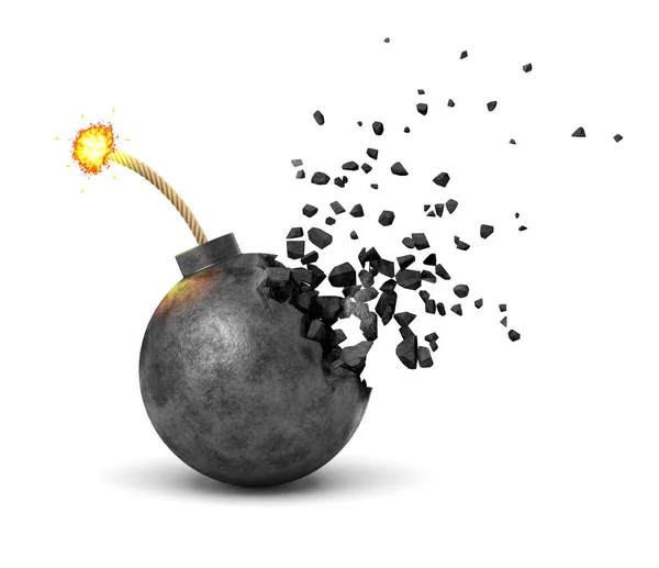 3d rendering ravvicinato della bomba rotonda in metallo nero con fusibile acceso che inizia a dissolversi in particelle su sfondo bianco . — Foto Stock