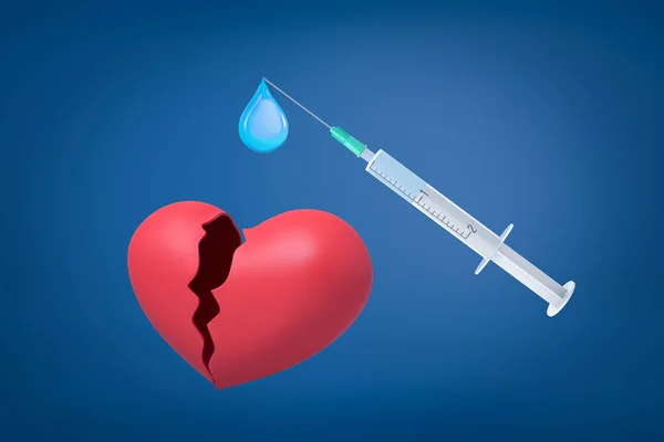 3d rendering of red broken heart and a medical syringe with a blue drop of liquid on blue background — Stock Photo, Image