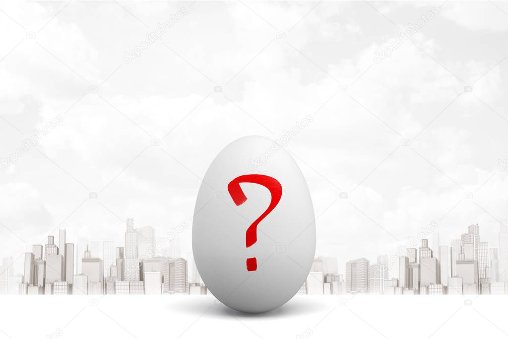3d rendering of white egg with red question mark on white city skyscrapers background