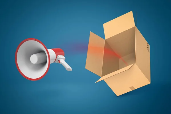 3d rendering of red and white megaphone flying out of cardboard box on blue background.