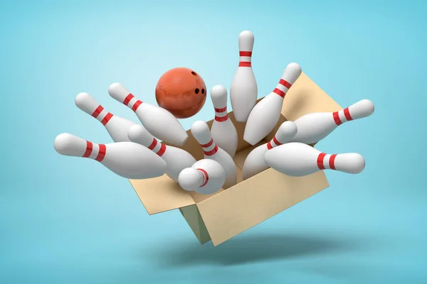 3D-rendering van kartonnen doos vol met witte bowling pinnen en een bruine bowlingbal in het midden van de lucht op licht blauwe achtergrond. — Stockfoto