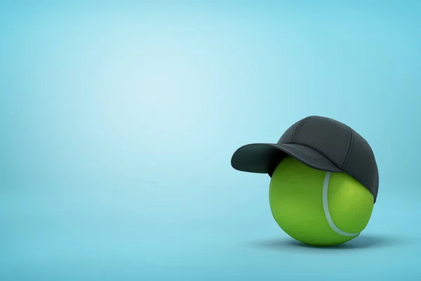 3d rendering of tennis ball wearing black baseball cap on light blue background.
