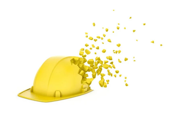 3d rendering of yellow hard hat starting to dissolve into particles and disappear isolated on white background. — Stock Photo, Image