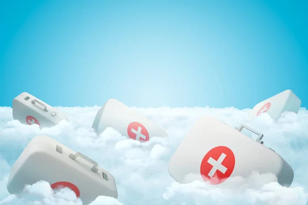 3d representación de conjunto de bolsas médicas blancas en la capa de gruesas nubes esponjosas blancas bajo el cielo azul . — Foto de Stock