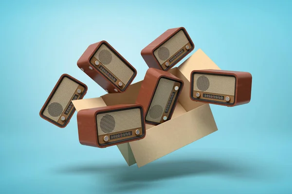 3d rendering of cardboard box full of old-fashioned radios in mid-air on light-blue background.