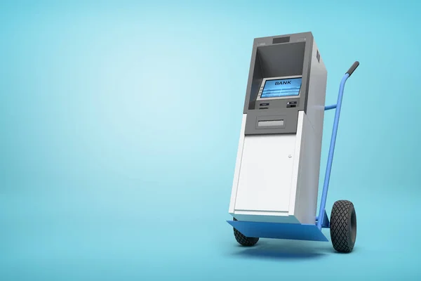 3D-rendering van blauwe handtruck met grijze en witte ATM op de top op licht blauwe achtergrond met Kopieer ruimte. — Stockfoto