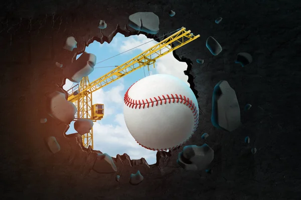 3d rendering of construction crane and baseball ball breaking black wall