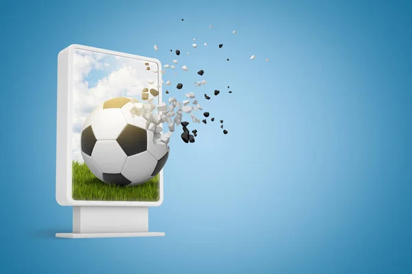 3D representación de la pantalla digital con el fútbol empezando a disolverse en partículas que salen de la pantalla en el fondo azul degradado . —  Fotos de Stock