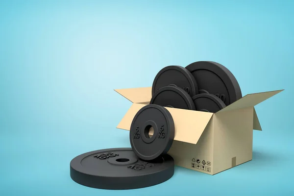 3d rendering of cardboard box full of black weight plates with two plates outside on light-blue background.