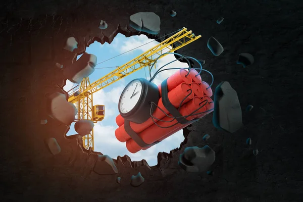 3d rendering of hoisting crane carrying dynamite bundle with time bomb and breaking wall leaving hole in it with blue sky seen through.