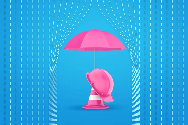 3d representación de cono de emergencia rosa con casco de seguridad rosa y paraguas rosa sobre fondo de lluvia línea de guion azul — Foto de Stock