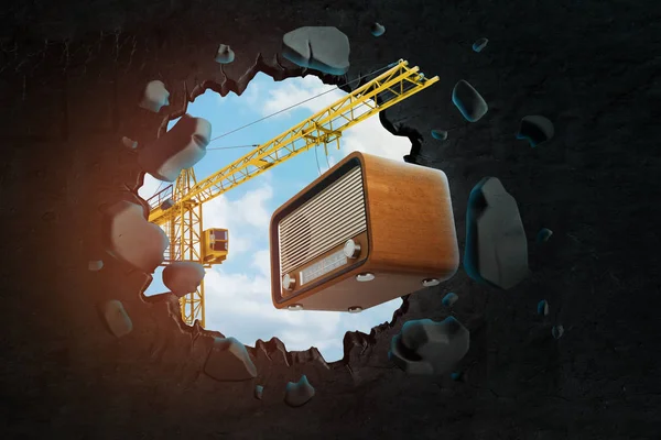 3d rendering of construction crane carrying retro radio set and punching big hole in black wall. — Stock Photo, Image