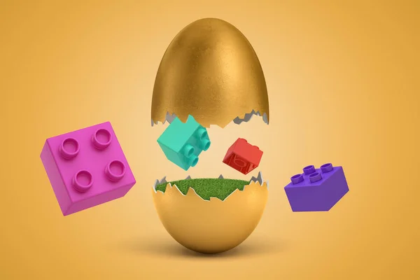 3d візуалізація барвистих іграшкових цеглин, що летять навколо зламаного золотистого яйця, з якого вони вилупилися . — стокове фото