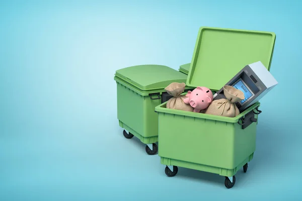 3d rendering of green trash bins with pink piggy bank, atm machine and money bags inside on blue background